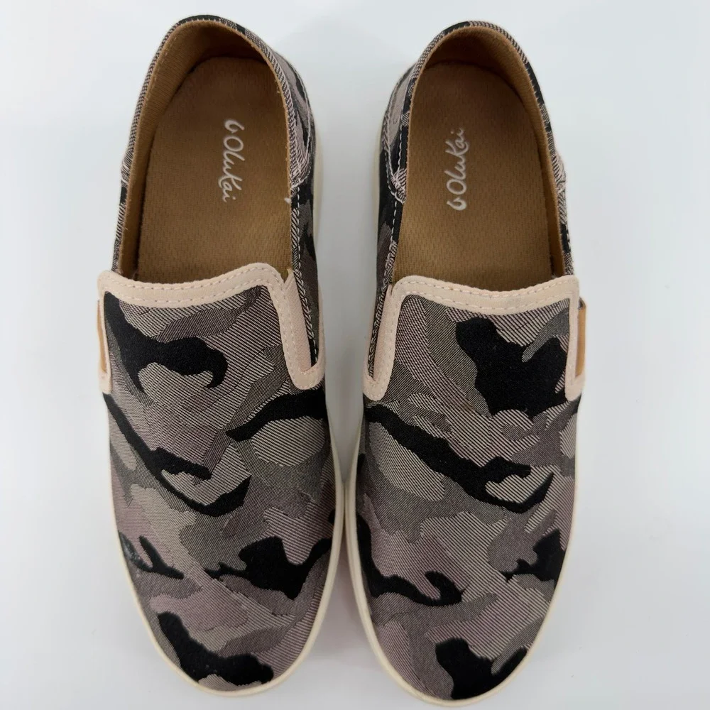 OluKai Pehuea Pa'I Camo Slip On Sneakers Womens 7 Grey Black Textile